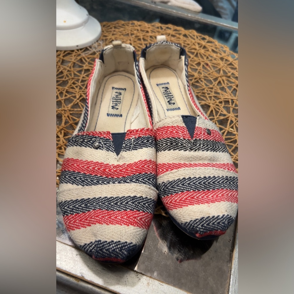 Mad Love red, white and blue striped canvas shoes #toms #canvas